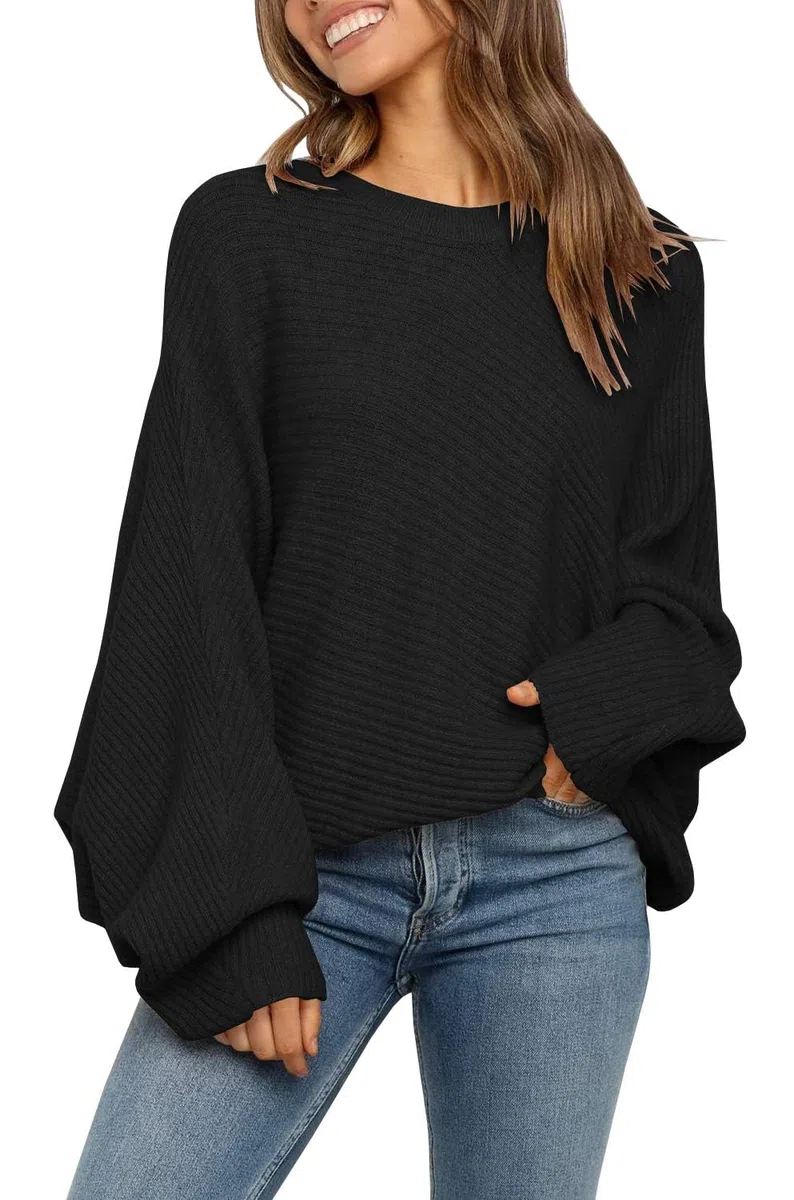 Fessceruna Damen Pullover Oversize Fledermausärmel Strickpullover Winter Rundhals Pulli Geripptes Sweatshirt
