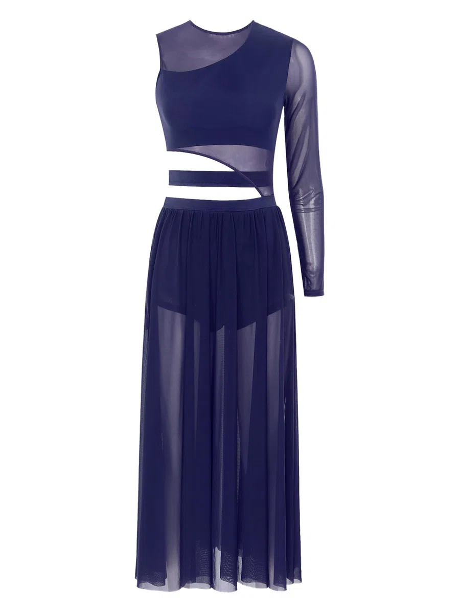 Damen Lyrisch Tanzkleid Ballettkleid Langarm Eiskunstlauf Kleid mit Mesh Rock Modern Contemporary Latein Tanzkleid