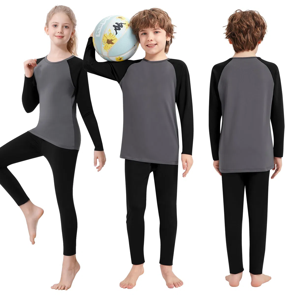 Jiuday Thermounterwäsche Kinder Fussball Funktionsunterwäsche für Jungen Mädchen Skiunterwäsche Atmungsaktiv Soft Warm Winter Langarm Sportunterwäsche für 6-14 Jahre Kinder (A-Grau+Schwarz,L)