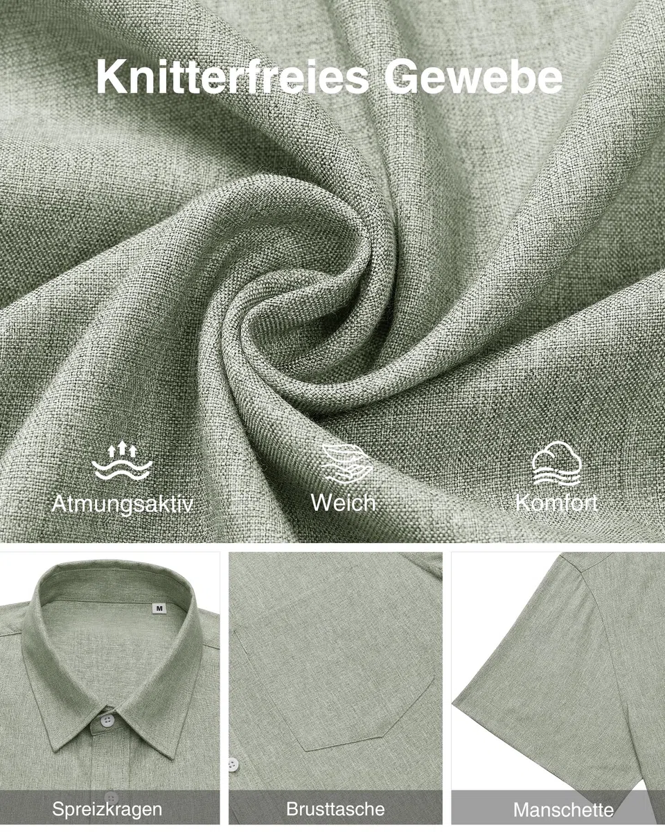 J.VER Leinenhemd Herren Kruzarm Freizeithemd Regular Fit Leicht und Luftig Sommerhemd Leinen Shirt mit Tasche