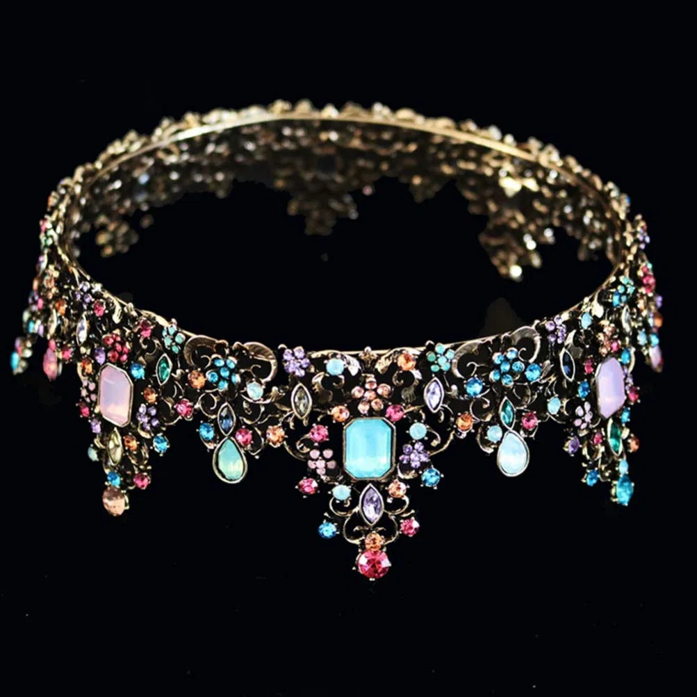 Minkissy große barocke Krone, bunte Strass Kristall Runde Krone Vintage Bronze Legierung Tiara für Hochzeitsfeier Cosplay Geburtstag