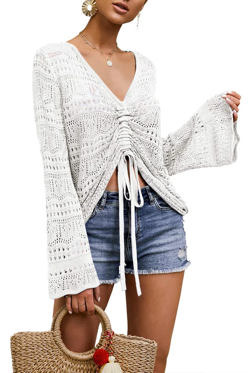 Saodimallsu Damen Pullover Flowy Oversized Langarm Frühling Sommer Strickpullover V-Ausschnitt Crochet Sexy Tops