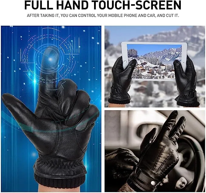 BISON DENIM Herren Echtleder Handschuhe Hohe Qualität Warmes Wollfutter Lederhandschuhe Smartphone Touch Funktion Herbst & Winter