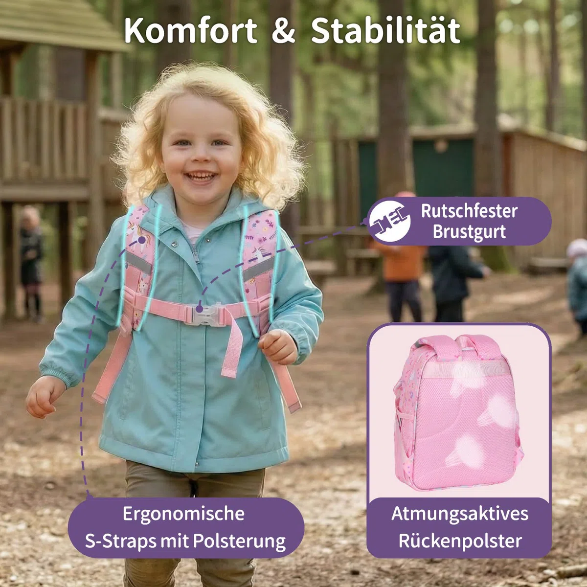 Bagseri Kindergartenrucksack Mädchen 3-5 Jahre, 10L Kinderrucksack mit Brustgurt, Reflektoren & Isolierfach, Ergonomischer Kita Rucksack, Rosa Einhorn