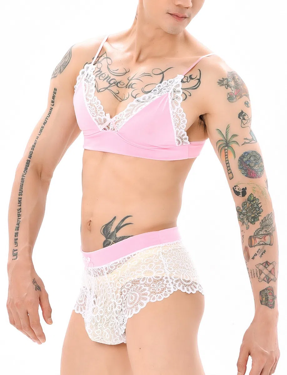 Happy Cherry Bikini Crossdressing Dessous Set für Männer Büstenhalter Unterwäsche Strümpfe Set 3 Stück