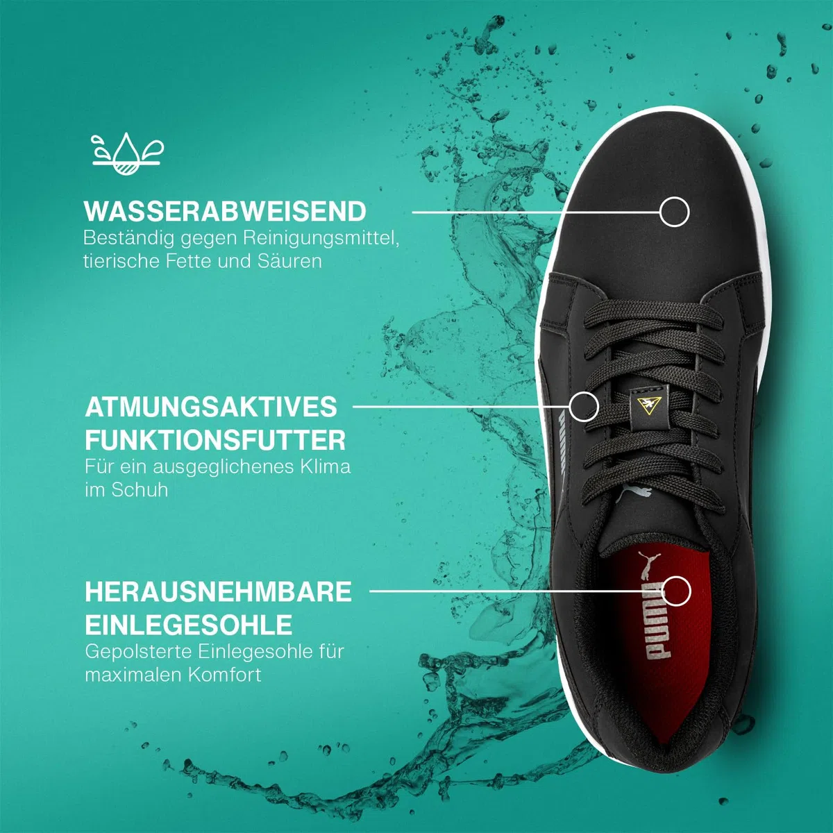 PUMA Safety STELLAR Rutschhemmende Berufsschuhe – rutschfeste O2 Arbeitsschuhe, metallfrei, wasserabweisend – ideal als Kochschuhe & Arbeits- Sneaker - Schwarz