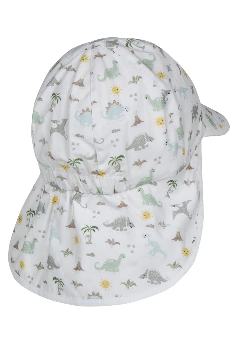 Sterntaler Schirmmütze Nackenschutz Dinowelt – Leichte Kindermütze aus Baumwoll-Popeline mit Dino-Print, elastischem Gummibund, Bindeband und weichem Innenfutter, UV-Schutz 50+