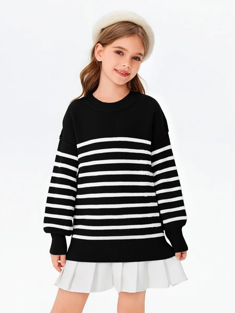 Haloumoning Pullover Mädchen Kinder Rundhals Oversized Strickpullover Herbst Winter Gestreifte Fledermausärmel Strickpulli