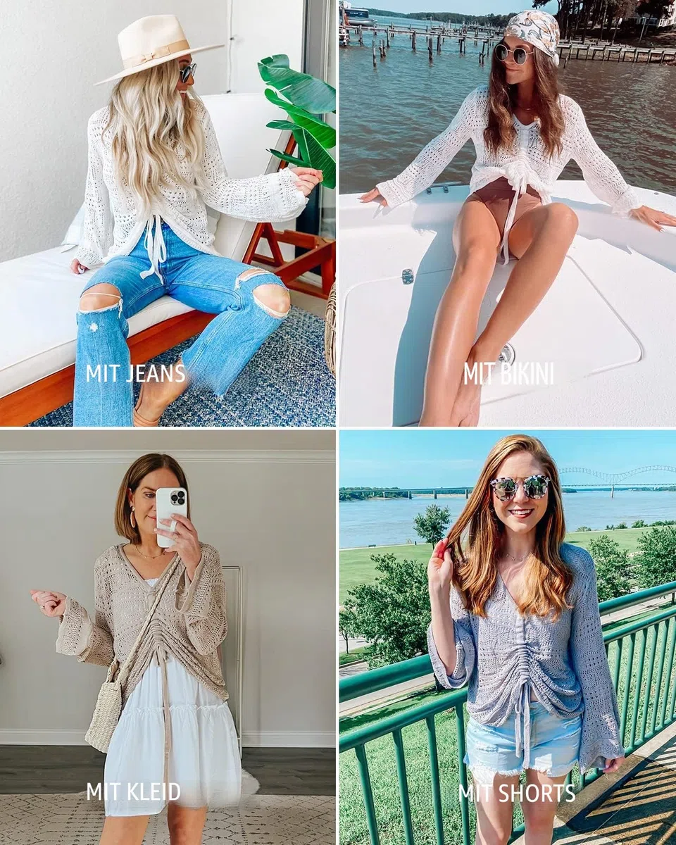 Saodimallsu Damen Pullover Flowy Oversized Langarm Frühling Sommer Strickpullover V-Ausschnitt Crochet Sexy Tops