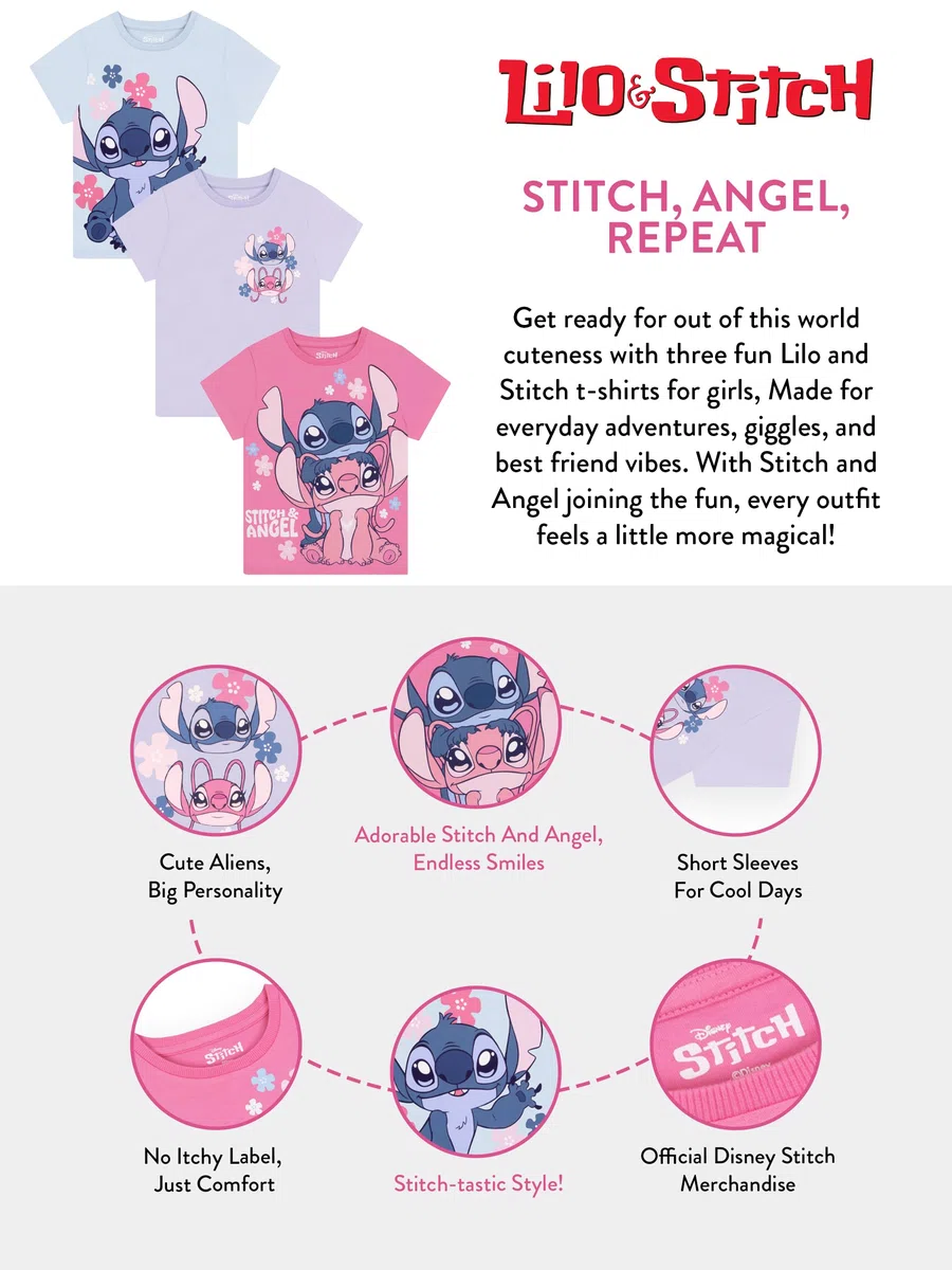 Disney Lilo & Stitch T Shirt Mädchen 3er-Pack, Stitch & Angel Tshirt Kinder Aus Baumwolle, Mädchen Kleidung Für Sommer