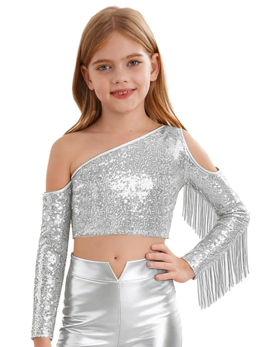 TiaoBug Mädchen Pailetten T-Shirt EIN-Schulter Tee Glänzend Langarmshirt mit Cut Out Fransen Tunika Jazz Tanz Shirts Glitzer Party Tops Tanzkostüm