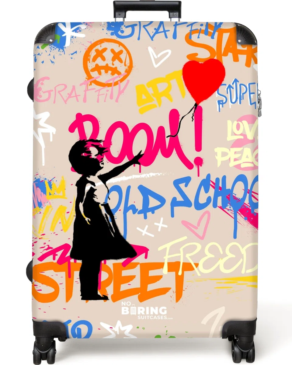 NoBoringSuitcases.com® Koffer XL Groß 77x51.5x28 cm Hartschale Reisekoffer 4 Rollen Leicht Koffer Trolley Hartschalenkoffer Mädchen - Luftballon - Street Art