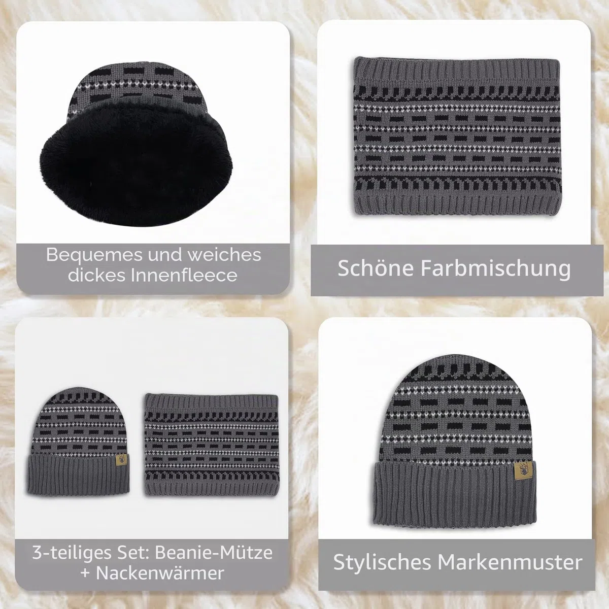 Mütze Schal Handschuhe Set für Herren Strick Wintermütze Herren Touchscreen Handschuhe und Halswärmer mit Warmes Fleecefutter