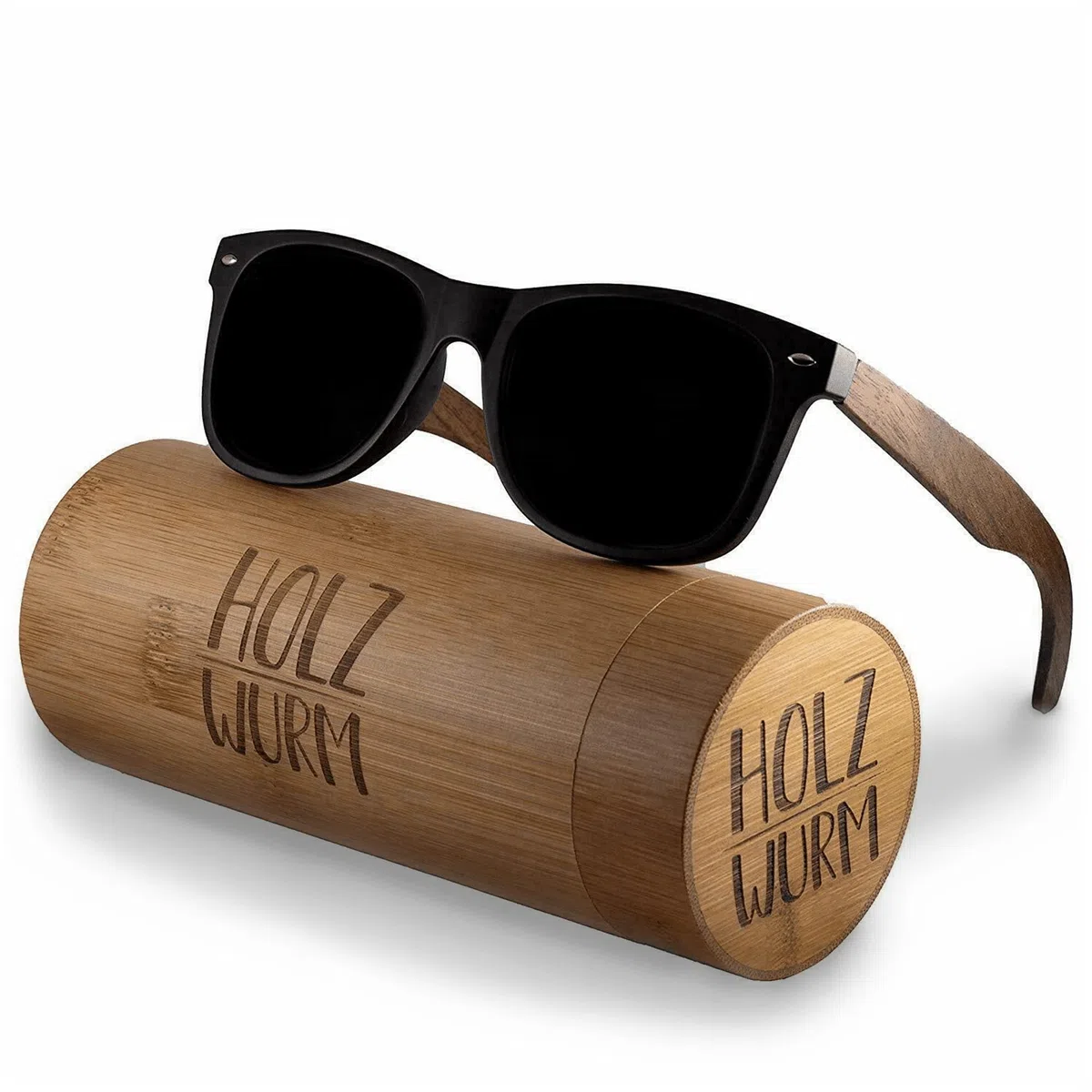 Holzwurm Sonnenbrille mit Holzbügeln aus Walnuss für Damen & Herren/Polarisierende Brillengläser mit UV400-Schutz/mit Brillenetui aus echtem Bambus