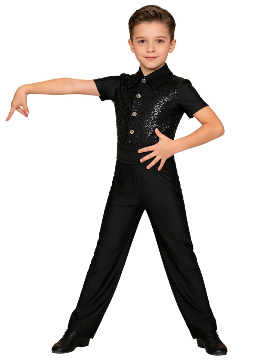 Tanzbody Jungen Latein Kinder Ganzkörper Tanzanzug Pailletten Glitzer Tanzoverall Kurzarm Jumpsuit Reverskragen Tanzhemd Gerades Bein Leggings Dancewear