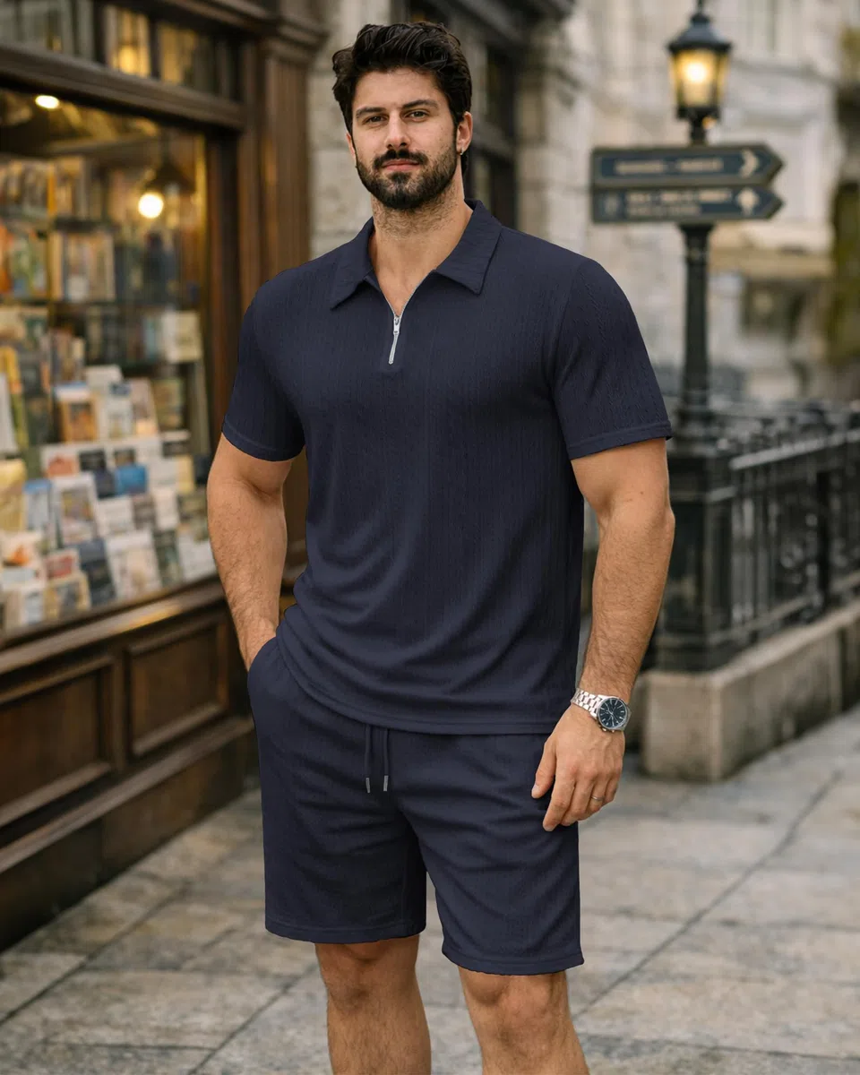 KUYIGO Herren-Trainingsanzug, 2-teilig (Polohemd & Shorts), luftdurchlässige T-Shirts und Shorts für den Sommer, Freizeit, Fitness, Urlaub und Outdoor, S–2XL