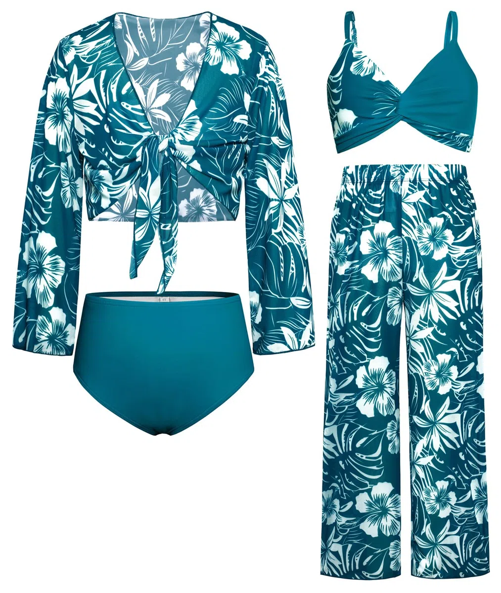 GRACE KARIN Badeanzug für Teenager, Mädchen, 4-teilig, langärmelig, Kimono, Hose, Bikini, Tankini-Set