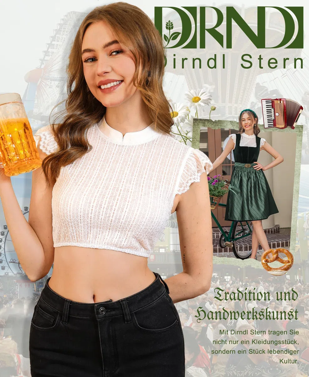 DIRNDLSTERN Bluse Damen Weiß - Dirndlbluse Spitze Dirndlblusen Hochgeschlossen Flügelärmel Trachtenblusen Vertikale Streifen Elegant