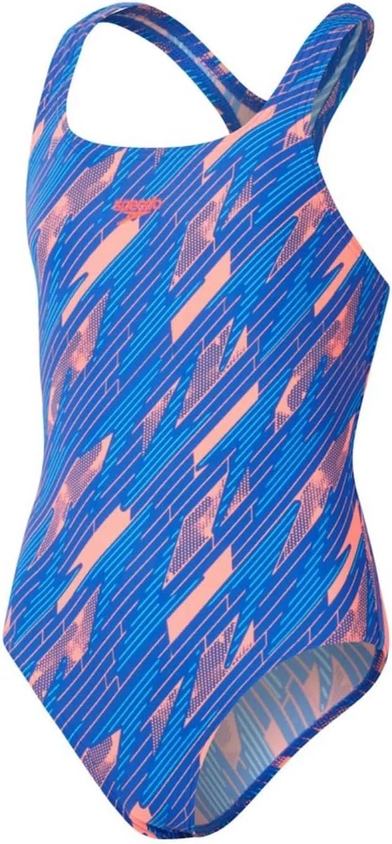 Speedo Hyperboom Allover Medalist Badeanzug Chlorbeständig Schnelltrocknend für Mädchen, Sirenenrot/Echtes Kobaltblau/Picton-Blau, 9-10 Jahre