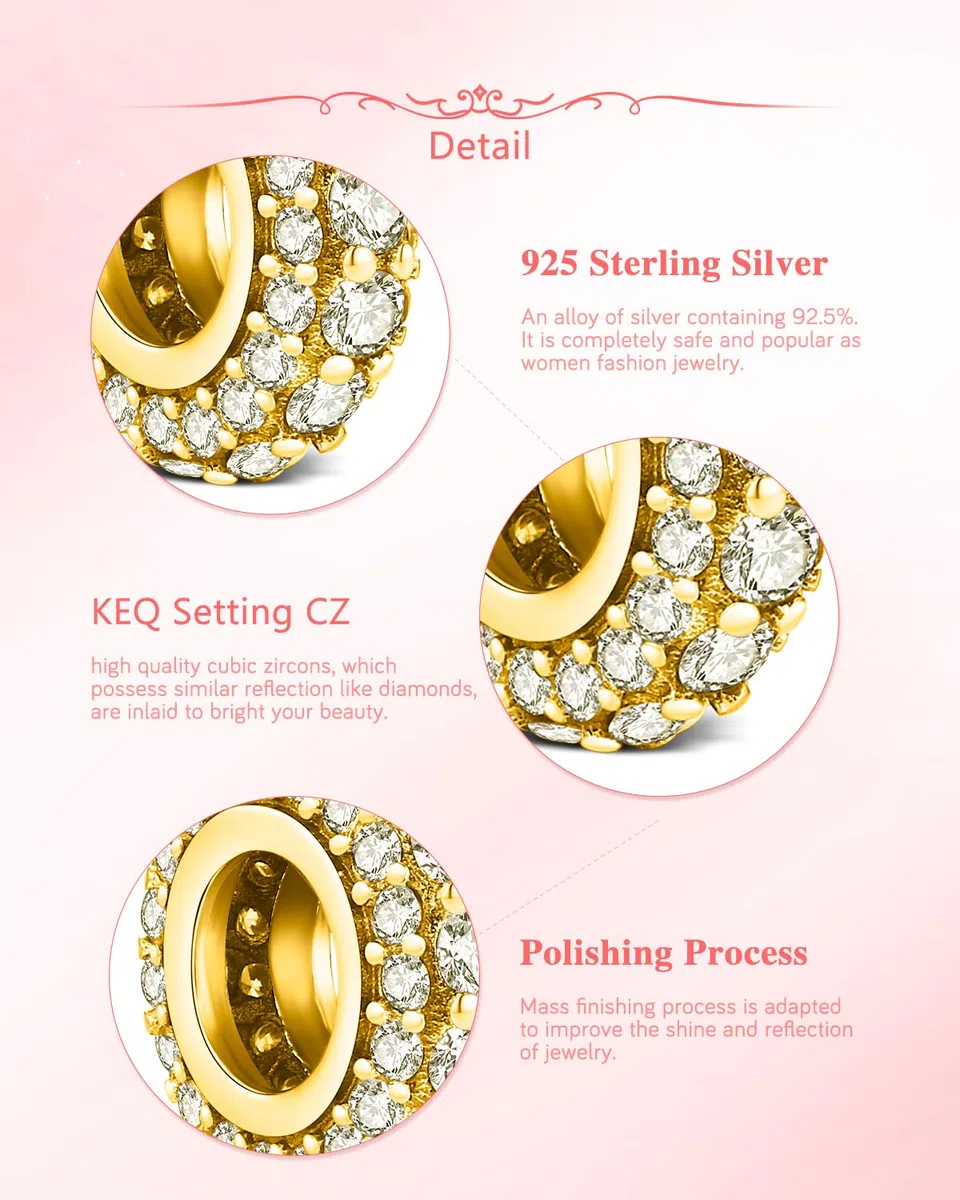 KEQ 925 Sterling Silber Spacer Charms für Armbänder/Halsketten Sparkling Clips Stopper Perlen mit 5A Zirkonia Pavé CZ Bead Charm Stopper Schmuck für Frauen