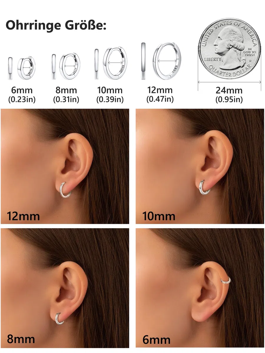 Silvora Kleine Creolen Silber 6mm/8mm/10mm/12mm/14mm/16mm/18mm/20mm Damen Herren 925 Silber Ohrringe Hoop Huggie Creolen Silber/Schwarz/Rosegold Schläfer Kreolen für Frauen Männer