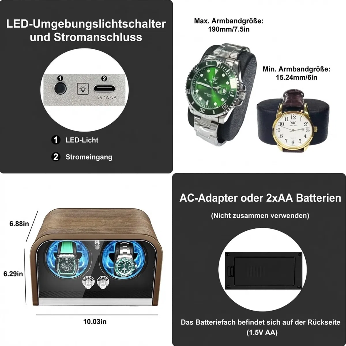 Uhrenbeweger für Automatikuhren, Uhrenbeweger mit 1/2/4 Fächern für Rolex, Uhrenbox mit superleisem Motor, 4 Rotationsmodi und LED-Beleuchtung, Geschenk für Männer