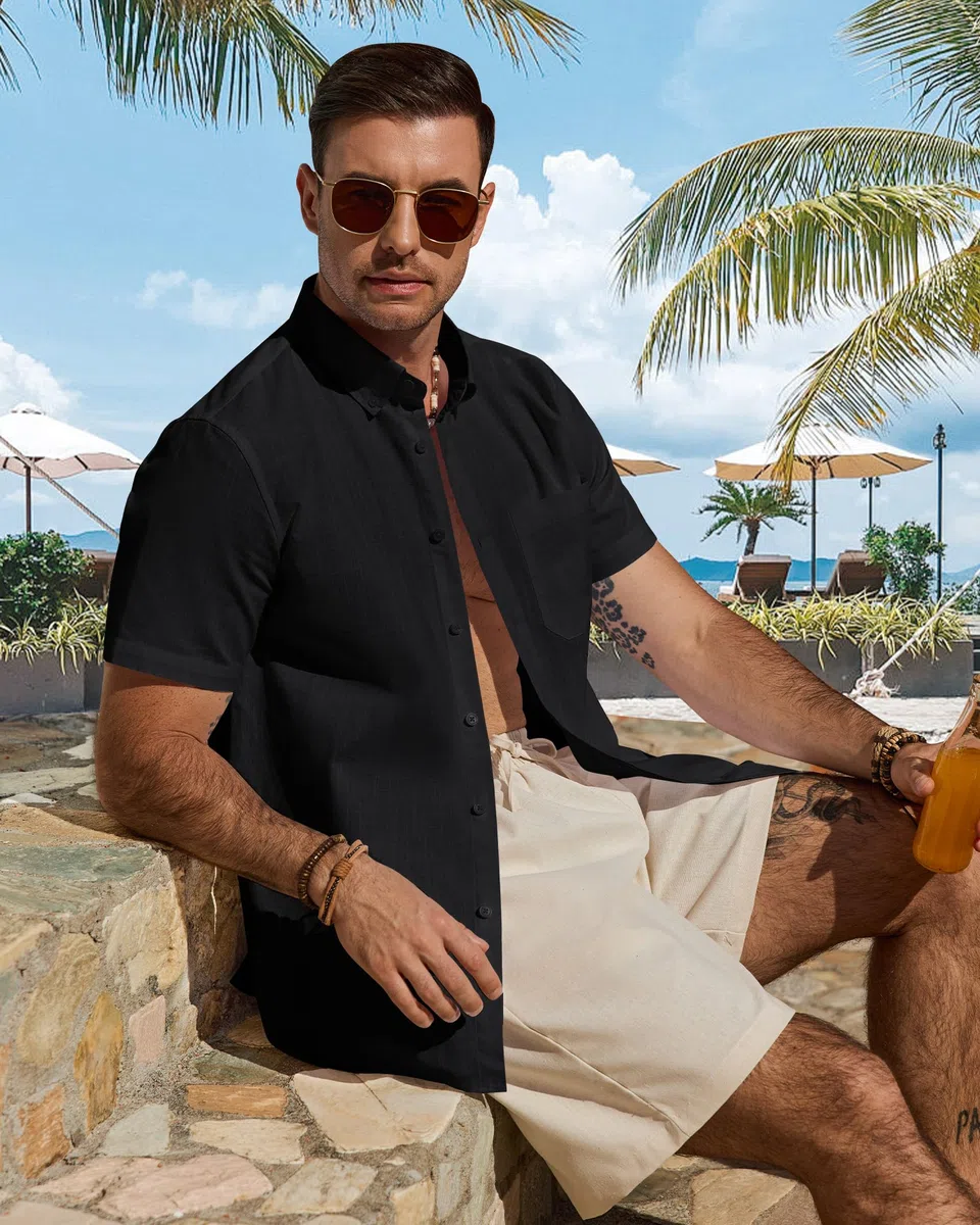 J.VER Leinenhemd Herren Kurzarm Hemd Sommer Freizeithemden Herren Casual Beach Shirts Regular Fit Männer Leinen Hemd Button Down Basic Men Shirts mit Brusttasche