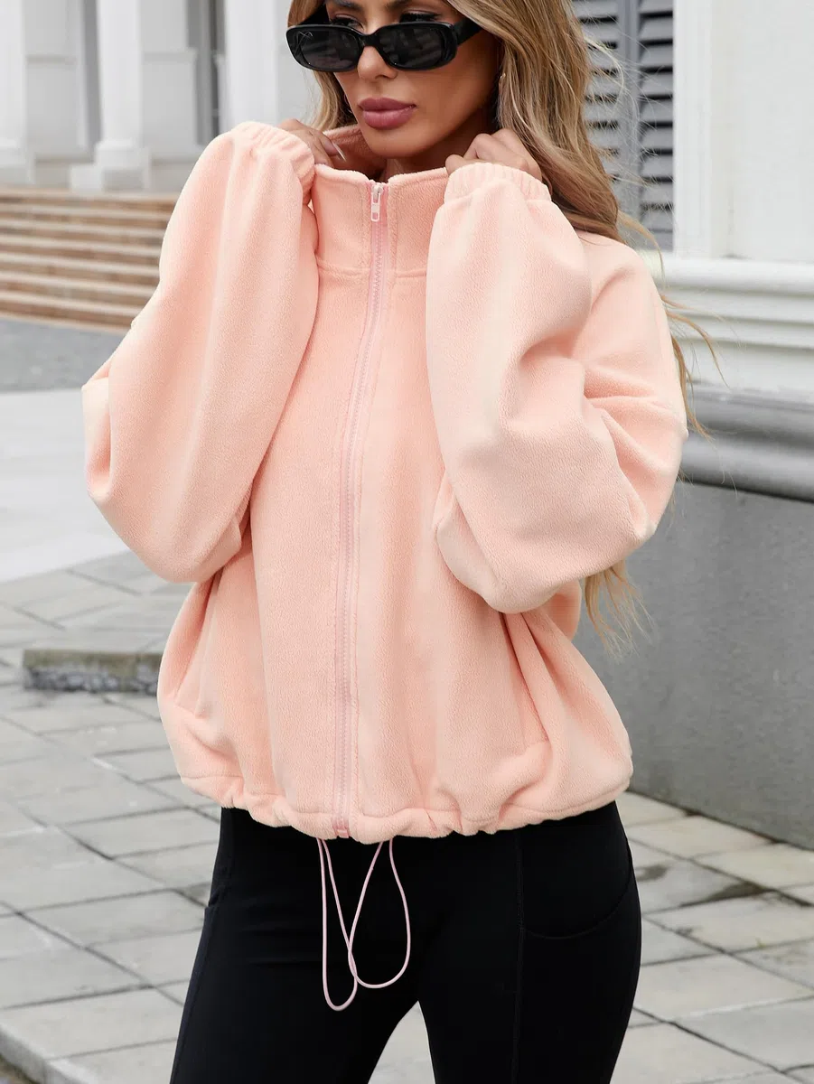 Famulily Damen Drawstring Saum Langarm Crop Sweatshirt Tops Full Zip Fleece Kurze Jacke mit Taschen S bis XL
