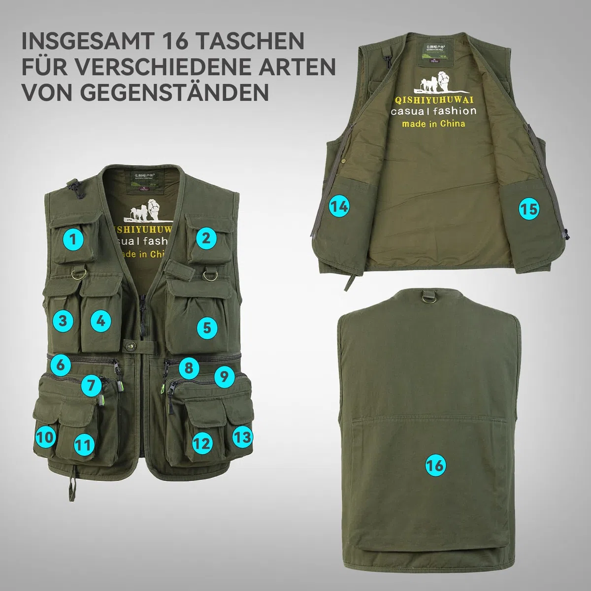 Herren Outdoor Weste mit Vielen Taschen Jagdweste Anglerweste Multifunktionsweste Arbeitsweste Baumwolle Safari Weste Fischerweste mit Reißverschluss