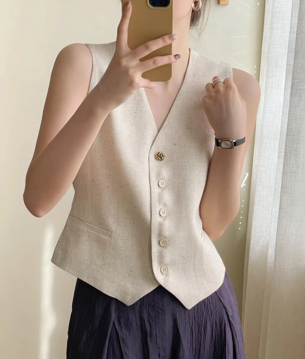 Damen Leinenweste Anzug Weste V-Ausschnitt Einreihig Elegant Weste Business Outfits Top