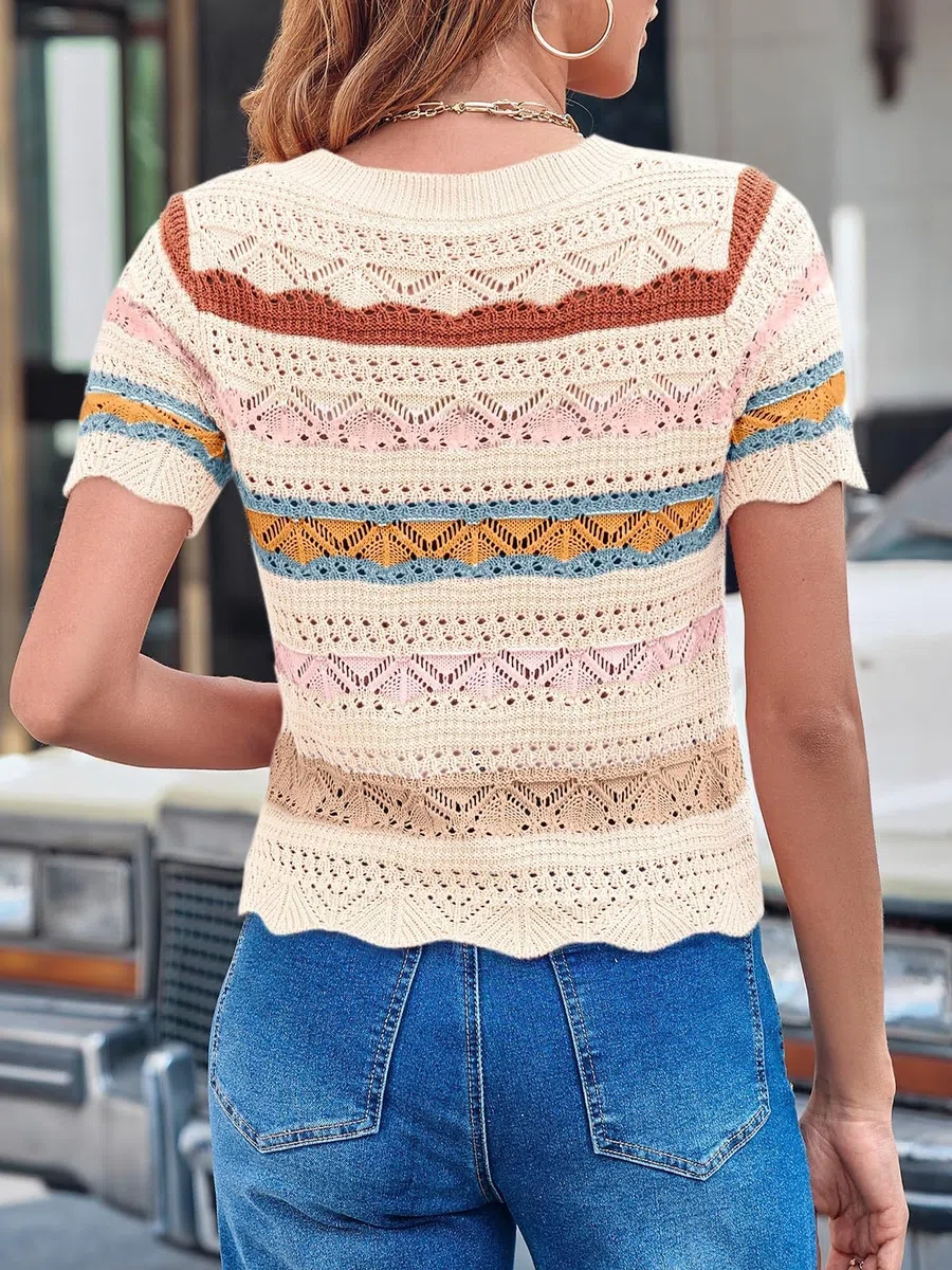 Saodimallsu Damen T-Shirt Gestreifte Kurzarmpullover | Sommer, Oberteile, Farbblock, Kurzarm, Strickpullover, Häkelshirt, Leicht, Casual