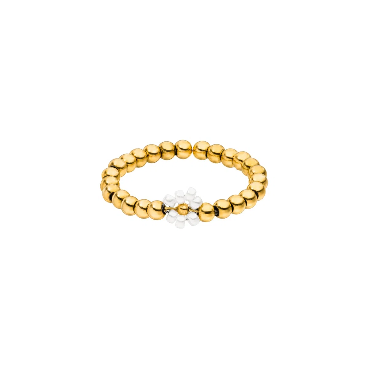 Purelei Elastischer Blütenring – Ring mit weißen Glasperlen & Edelstahl-Metallkugeln – Größen S/M & M/L – Edelstahl in Gold, Silber oder Roségold – Anxiety - Fidget