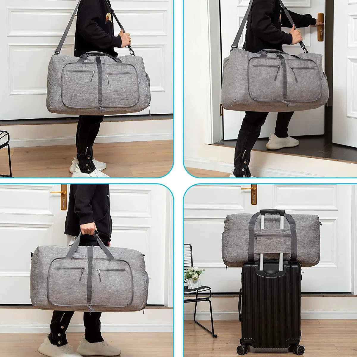 Vomgomfom 65L Reisetasche mit Schuhfach, Große Falttasche für Camping, Reisen, Fitness, Grau