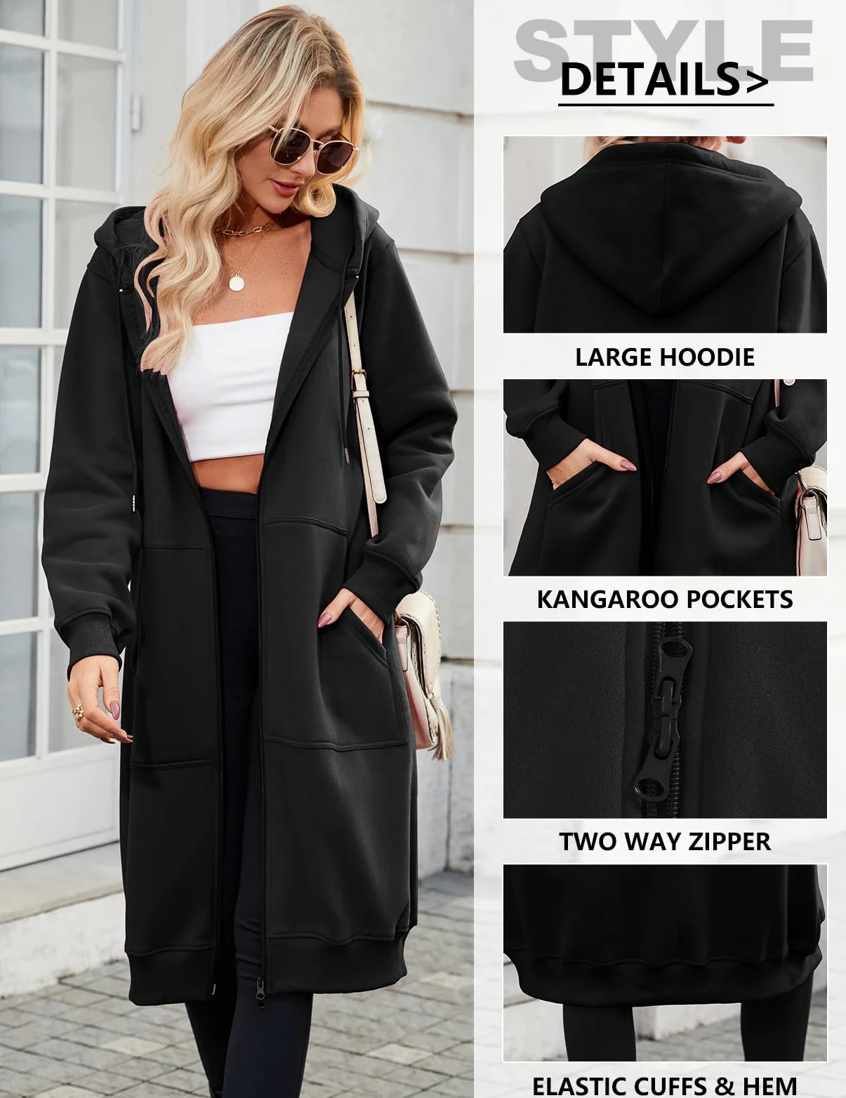 Tuopuda Damen Lange Kapuzenpullover mit Reißverschluss Hoodie Jacke Langarm Herbst Winter Pulli Sweatjacke Sweatshirts Kapuzenpullover Streetwear Strickjacke mit Taschen