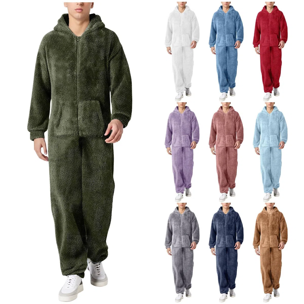 Fleece-Overall für Herren, Einteiler, flauschig und weich, Jumpsuit, kuschelig und warm, langärmlig, mit Kapuze, für Herbst und Winter