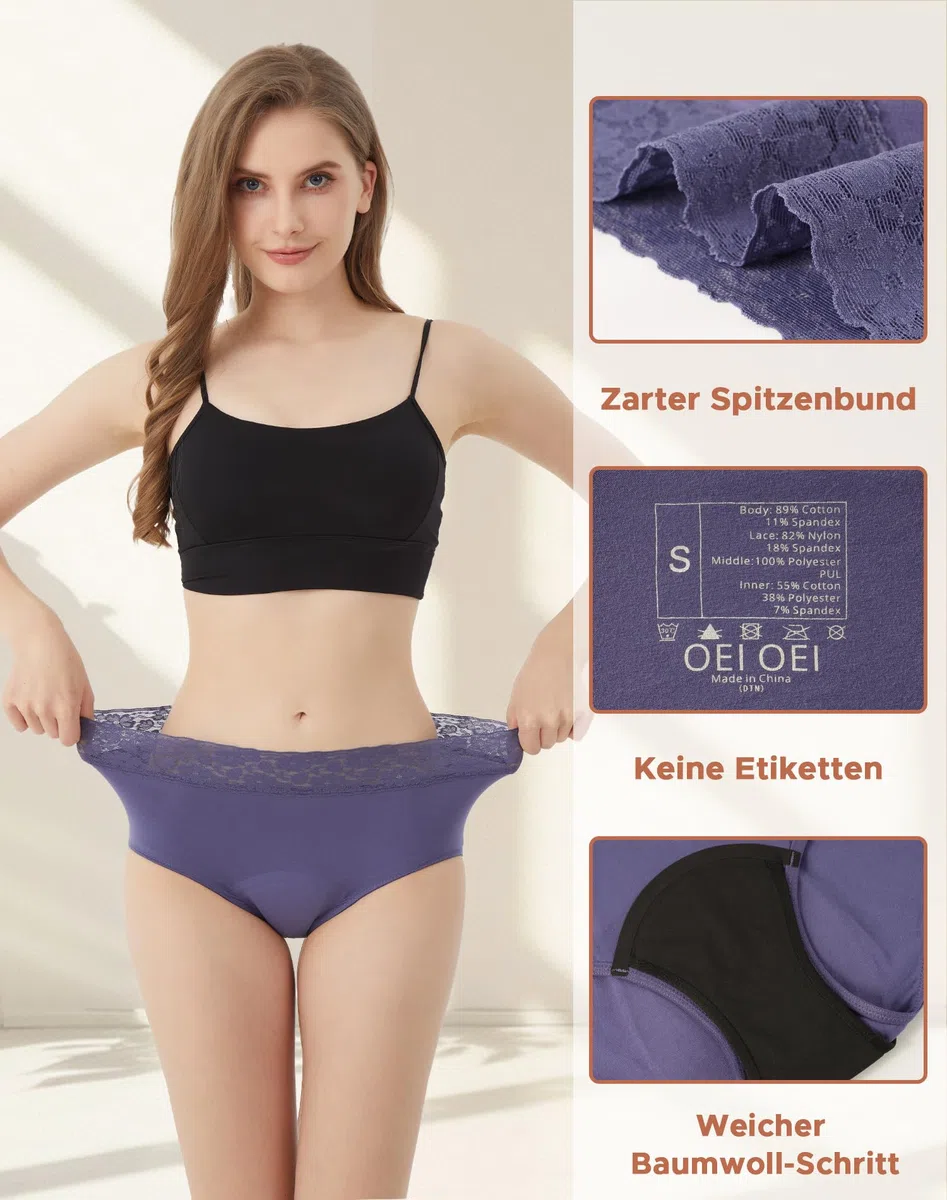 Periodenunterschwäsche Starke Blutung Spitze Hohe Taille Menstruationsunterwäsche Baumwolle 3er Pack