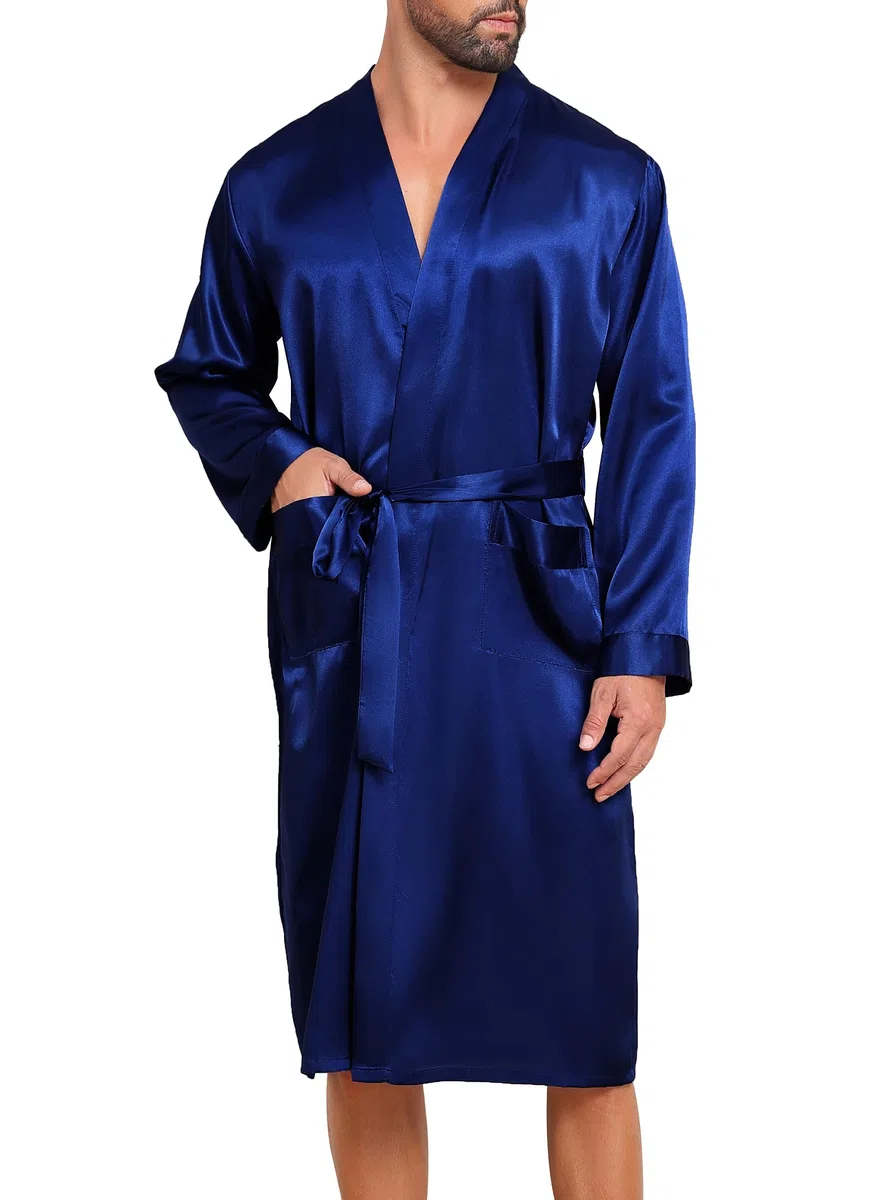 Lovasy Satin Bademantel Herren Lang Kimono Bademäntel für Herren Leicht Morgenmantel Zwei Seitentaschen mit Gürtel