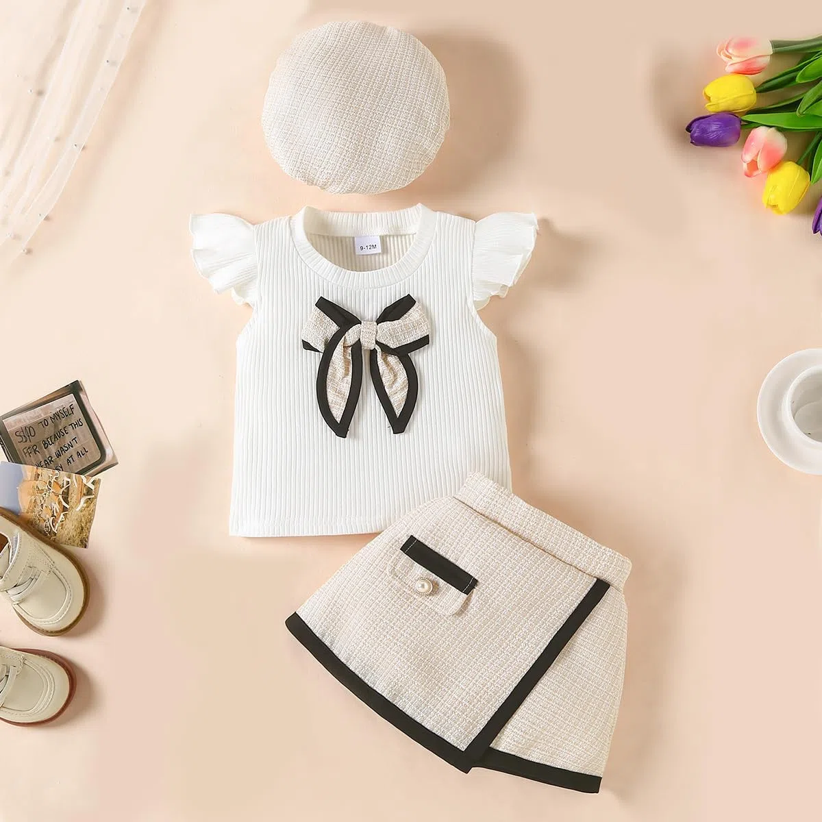 Kleinkind Baby Mädchen Outfits Ruffle Kurzarm Bowknot Top + Elegant Plaid Tweed Muster Rock Baskenmütze + Baskenmütze Sommer Kleidung Sets