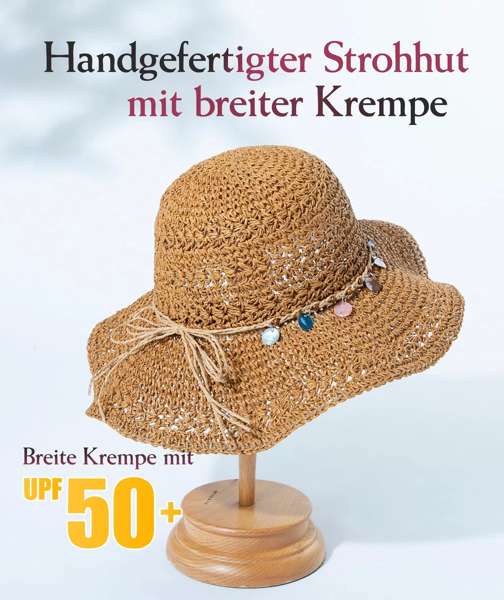 Comhats Sonnenhut Damen Sommer Strohhut Faltbar Handgemachter Strandhut UV-Schutz