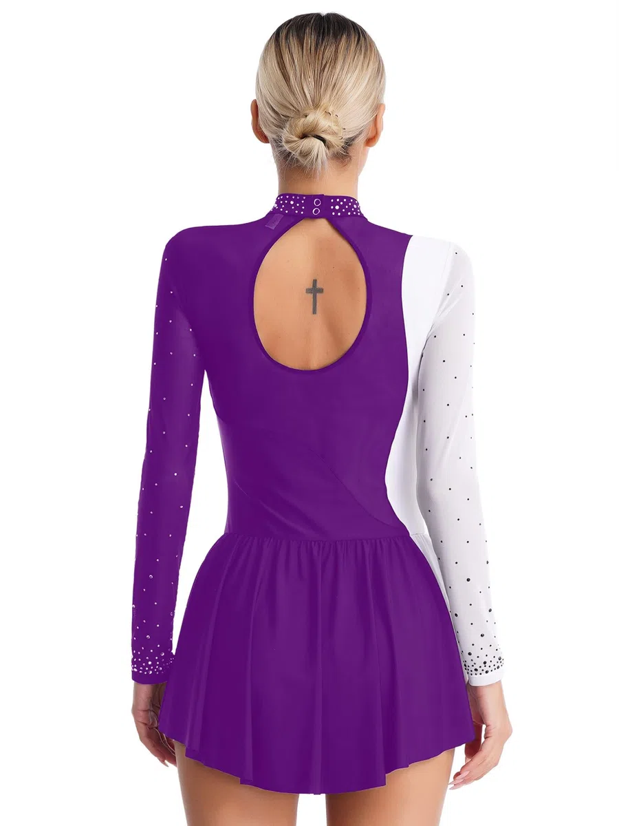 CHICTRY Eiskunstlauf Kleid Damen Langarm Strass Glitzer Ballettkleid Stehkragen Tanzbody Farbblock Patchwork Trikot Mit Wickelrock Dancewear