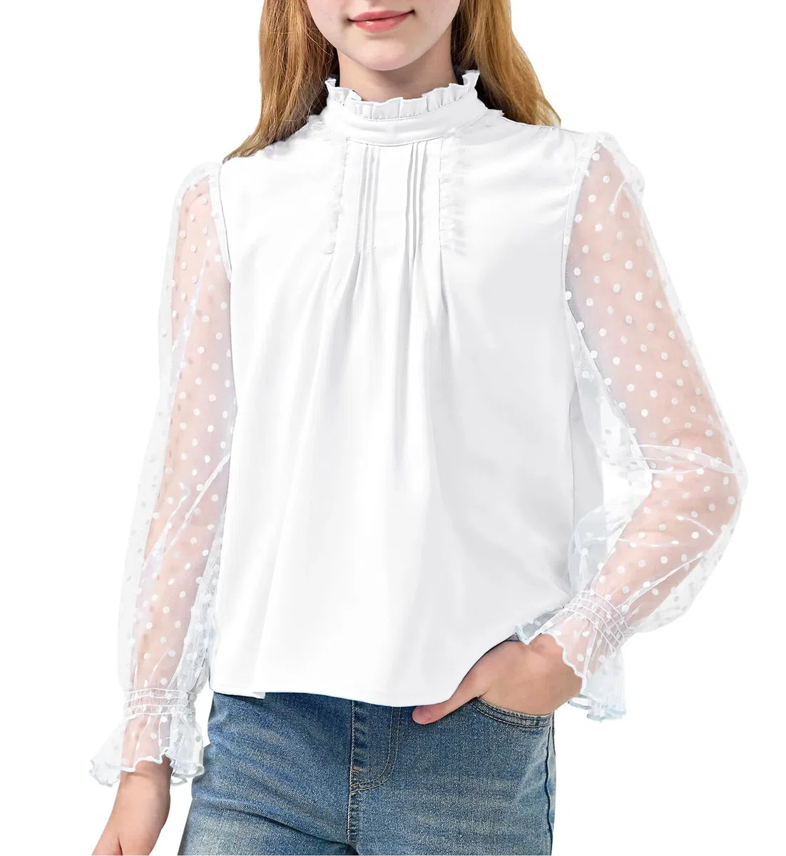 Rolanko Mädchen Langarmshirt Chiffon Blusen Rüschenkragen Puffärmel mit Schweizer Punkten Niedliche Oberteile