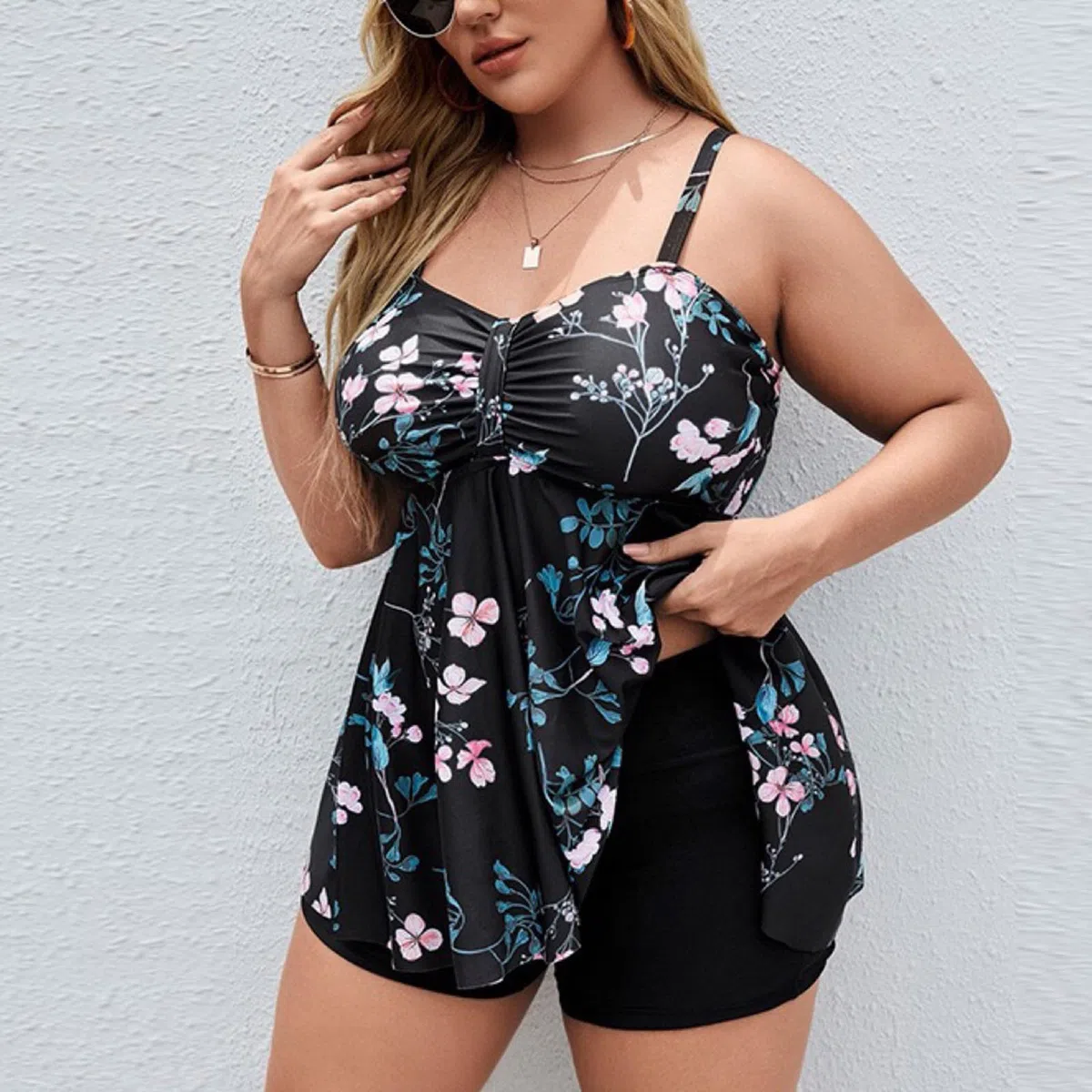 Zweiteiliger Badeanzug für Damen und Mädchen, florales Design, Tankini, Badeanzug, Bademode mit Bauchkontrolle, Boyshorts