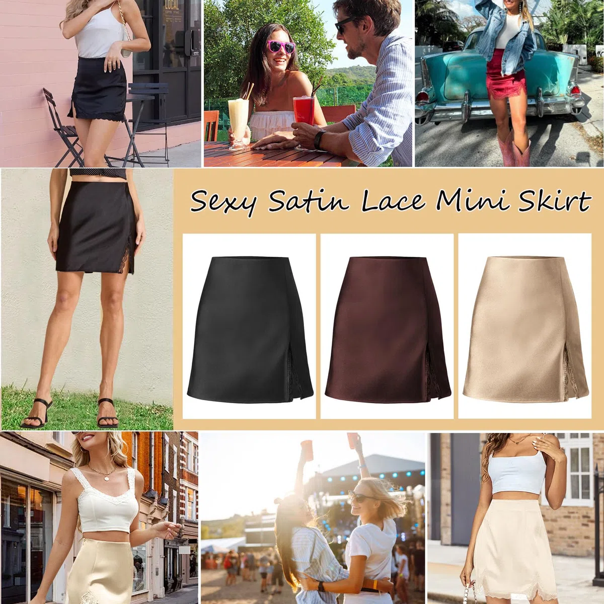 Women's Satin Lace Mini Skirt Elastic High Waist Bodycon Slit Skirts 2025 Summer Silk A-Line Party Club Short Skirts