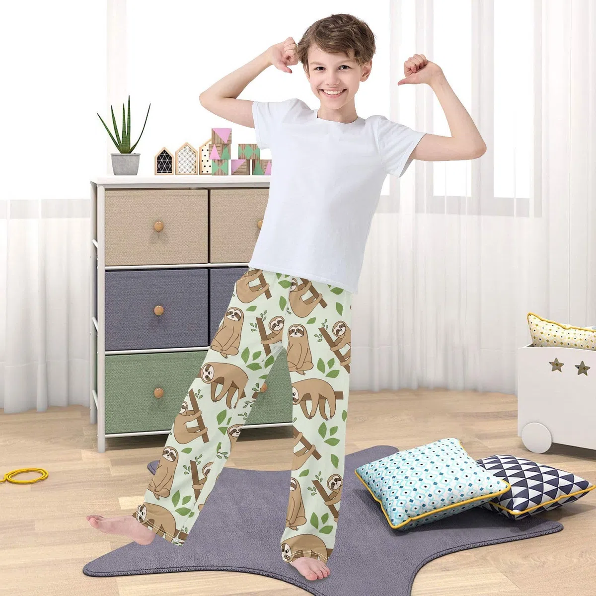 Jungen Schlafanzughose, tropische Blätter, lustige Faultiere, Kinder-Schlafanzug, Nachtwäsche, Lounge-Hose, Größe S