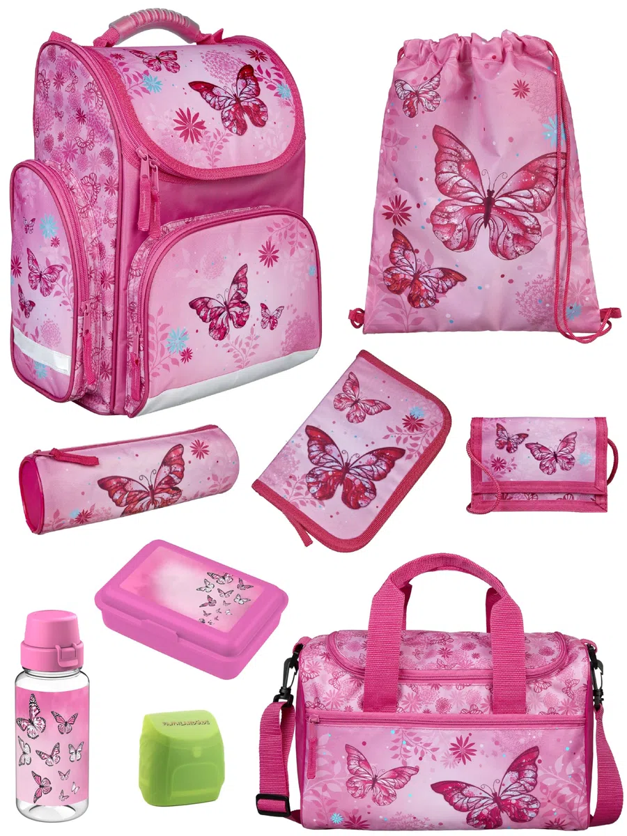 Familando - Schulranzen Set CLOU - 9-teilig mit Sporttasche - Schmetterlinge - Ergonomisch, Stabil & mit gepolstertem Rücken - 930g leicht - 15L Volumen - Mit Reflektoren - ab 1. Klasse