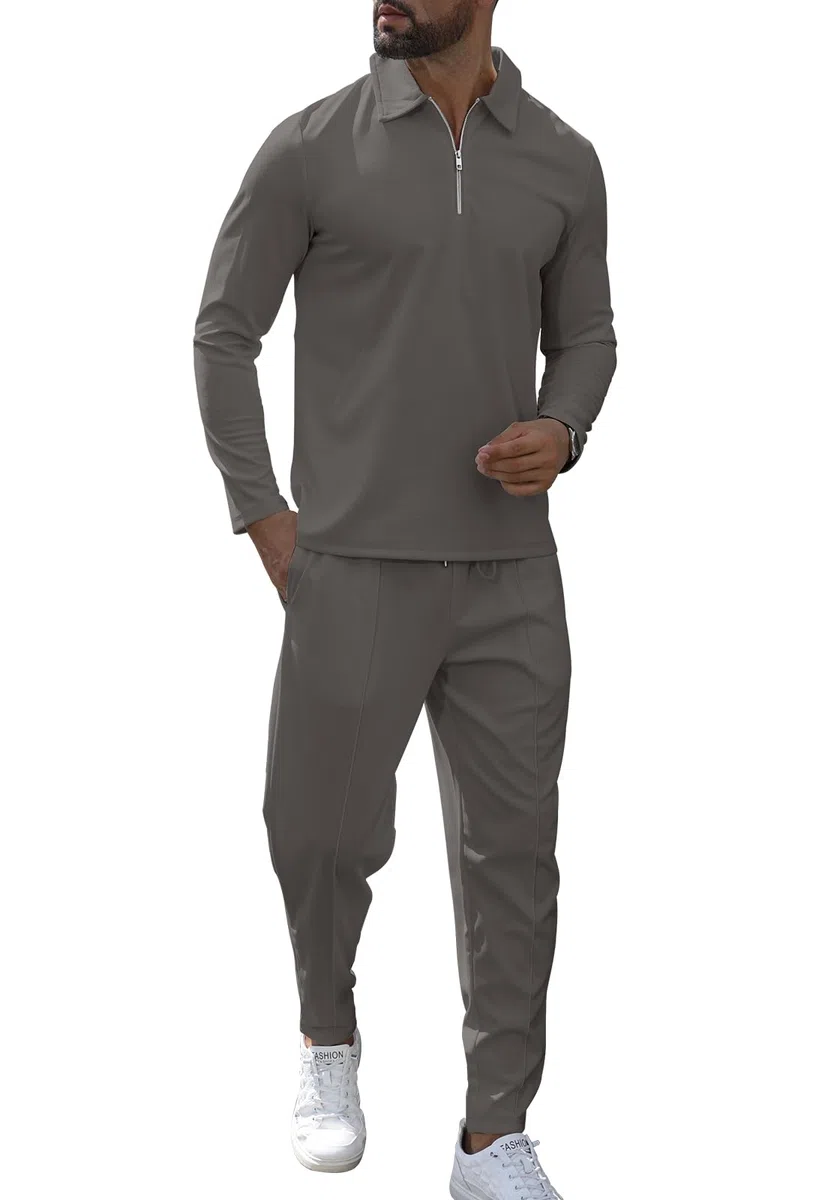 KUYIGO Herren-Trainingsanzüge mit 1/4-Reißverschluss, Poloshirt, 2-teiliges Outfit, Langarm-Pullover, Trainingsanzug-Set, Sweatshirt und Jogginghose, lässige Waffel-Oberteile, Hose, Sport, Activewear