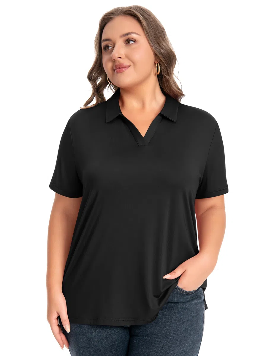 Idtswch Damen-Plus Size V-Ausschnitt Kurzarm Polo-Shirt Schnelltrocknend UPF 50+ Freizeit Beruf Golf-Shirt (XL-6XL)