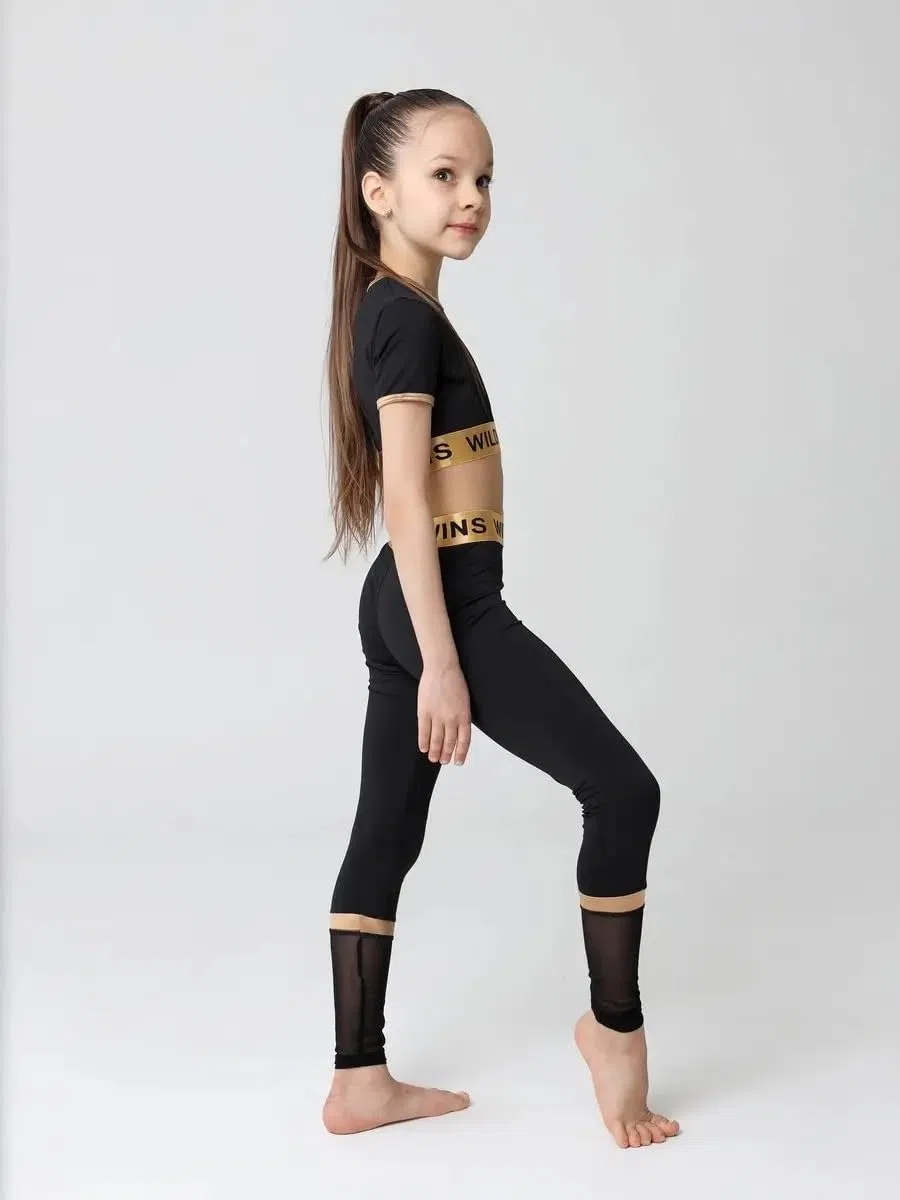 Gran Prix Crop Top Mädchen – Kurzarm Sporttop Schwarz Gold | Gymnastics Dance | 90% Polyamid