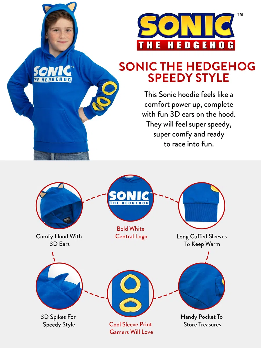 Sonic The Hedgehog Pullover, Cooler Hoodie Jungen aus Baumwolle, Kapuzenpullover für Jungen als bequemer Pullover Kinder in Blau mit 3D-Ohren