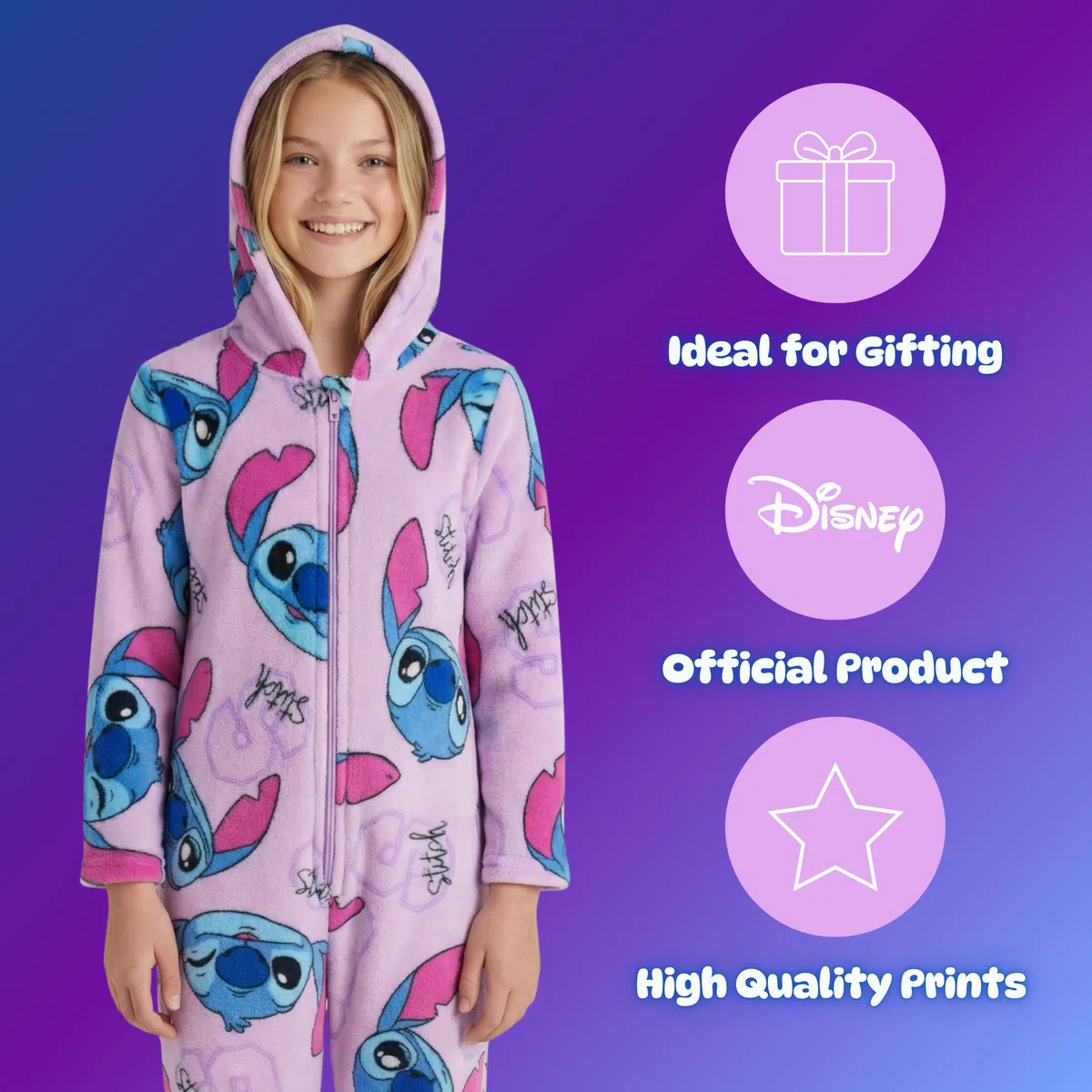 Disney Stitch Mädchen Schlafanzug, Einteiliger Schlafanzug Weiches Fleece Pyjama, Größen 6 bis 12 Jahre
